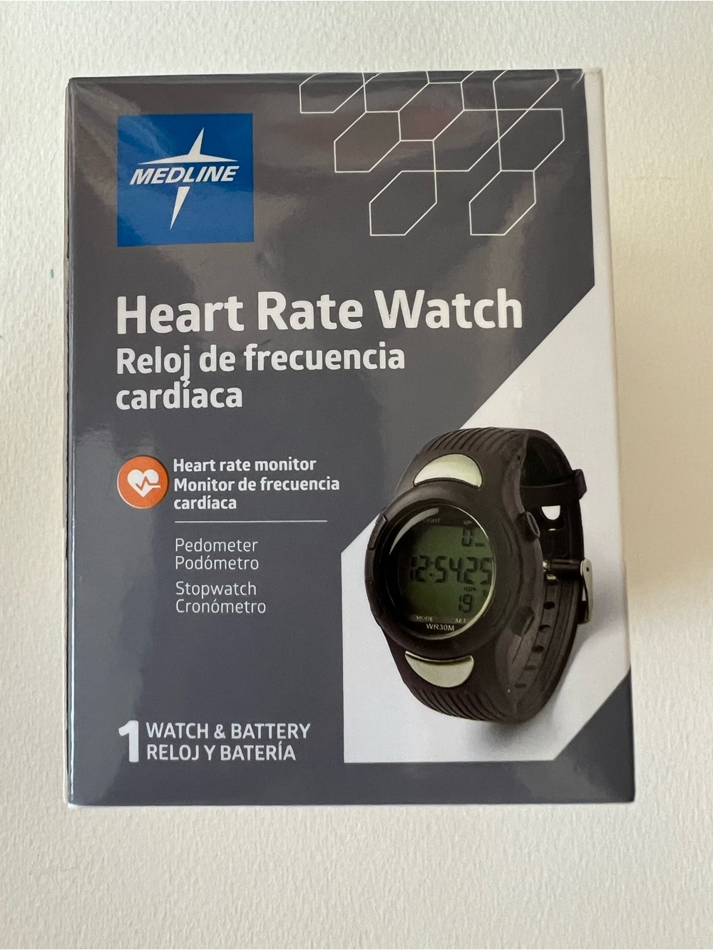 Medline Black Heart Rate Watch with Pedometer and Stopwatch